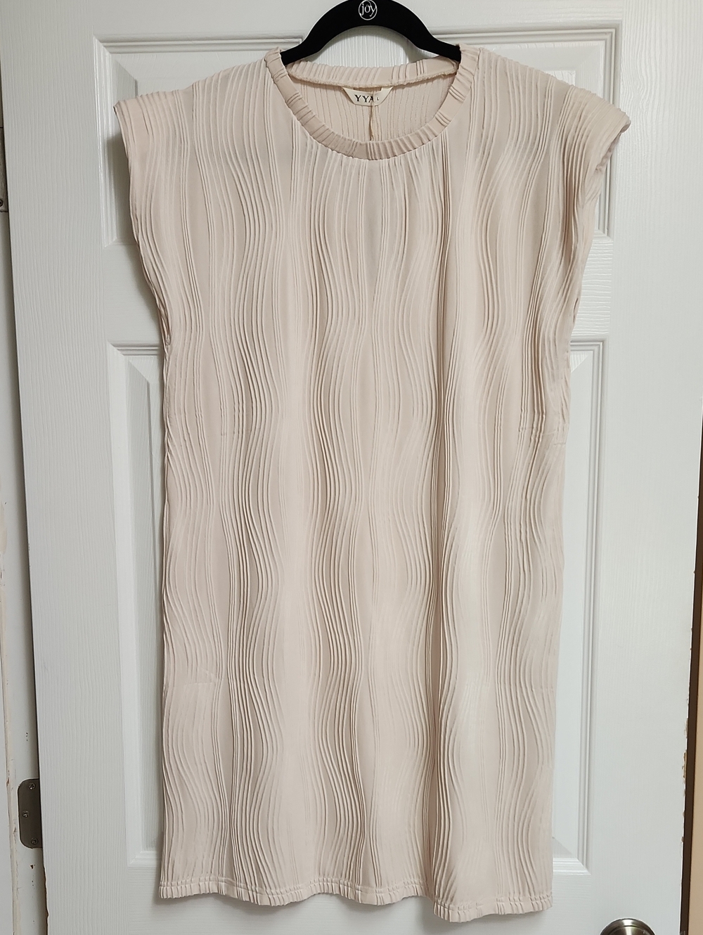 YYA Cream Wave-Pleat Mini Shift Dress